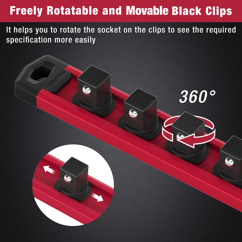 WORKPRO Magnetic Socket Organizer Set, 3-Piece Aluminum Alloy Socket Rail, Heavy Duty Socket Holder, Socket Rack Kit 1/4-Inch x 12 Clips, 3/8-Inch x 10 Clips, 1/2-Inch x 10 Clips (Red) 3 Pieces-1/4", 3/8", & 1/2" DR Red