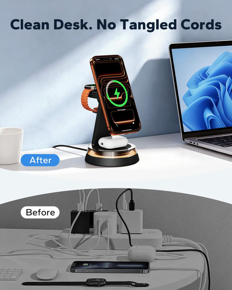 3 in 1 iPhone Nightstand Charging Station for MagSafe, 15W Fast Wireless Charger Stand with Night Light for Desk, Charging Dock for iPhone 17 16 15 13 12 / Apple Watch/AirPods, with 30W Adapter