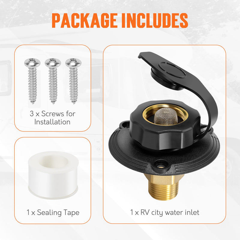TONDA RV City Water Inlet with Check Valve, Brass Thread RV Water Fill Inlet Replacement, RV Water Hose Connector for Camper, Trailer, Motorhome Black