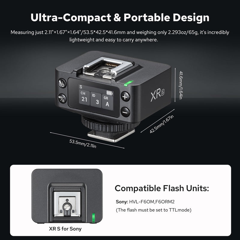 Godox XRS TTL Wireless Flash Receiver for Sony, 2.4G HSS Trigger for HVL-F60M/F60RM2, Sync with X3/X3Pro, 32 Channels Shutter Release, Built-in Battery XR