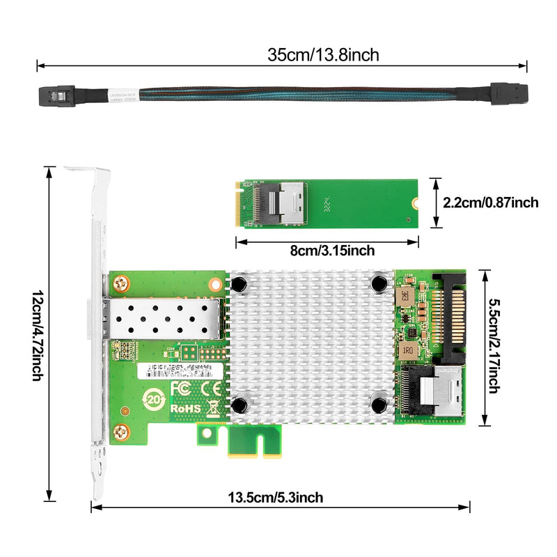 Vogzone M.2 to 10GbE SFP+ NIC, Single SFP+ Port with Intel 82599 chip, M.2 + M Key + SFF-8087 with 35cm(13.7in) Cable, 10 Gigabit Network Card for Windows, Linux, UEFI M.2-10G-SFP(1*SFP+)
