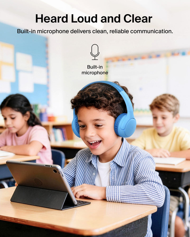 Belkin SoundForm Mini 2 Bluetooth Kids Headphones, On Ear, 55H Battery Life | Toddler headphones with Case, 85dB Volume Limit, Built-in Mic, Wired Connection Option, iPad, Android Tablet, School, Travel Blue