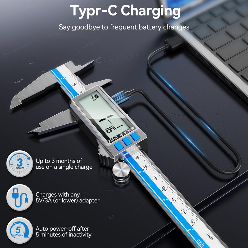 6 Inch Digital Caliper, Type-C Rechargeable Stainless Steel Vernier Caliper, IP54, F/MM/in Conversion, Large LCD, USB Charging Digital Caliper Measuring Caliper for DIY, Woodworking Use (Blue) Blue