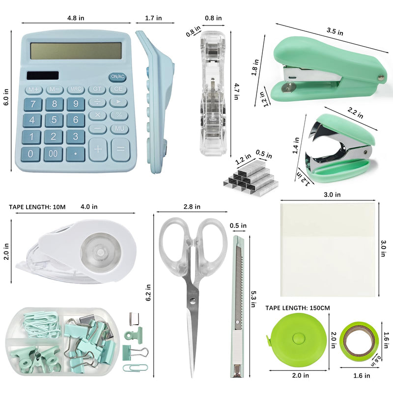 Ohmywor Office Supplies Set, Desk Accessories Includes Stapler Staples, Correction Tape, Calculator, Paper Clip, Transparent Note, Scissors, Tape Measure for Office School Clerk Student