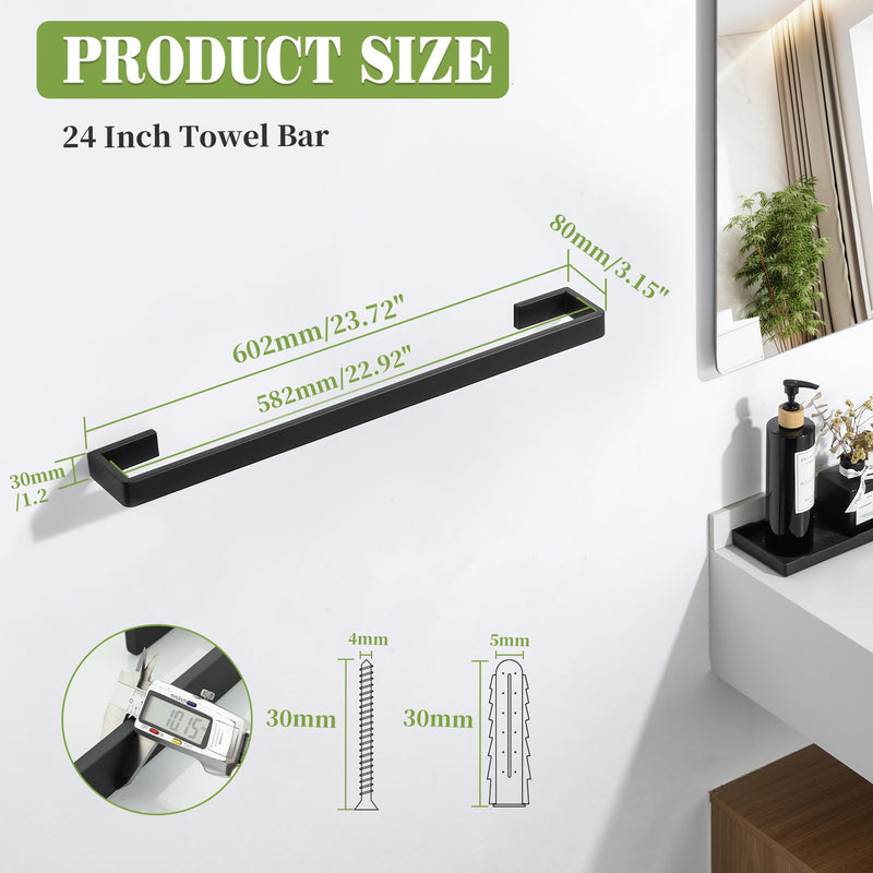 Alise Black Towel Bar, 24 Inch Towel Rack for Bathroom Wall Mounted, SUS304 Stainless Steel Bathroom Towel Holder, Space-Saving Hand Towel Holder, Towel Rail Hanger for Wall, Kitchen Matte Black