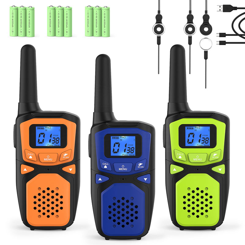 Adult Walkie Talkie WokTok Long Range Rechargeable Portable Two-Way Walkie Talkie, Hiking Accessories, SOS Sirens, NOAA Weather Alarms, Kid's Toys, Easy-to-Use Rechargeable Walkie Talkies,3 Pack 3 Packs Blue+Green+Orange