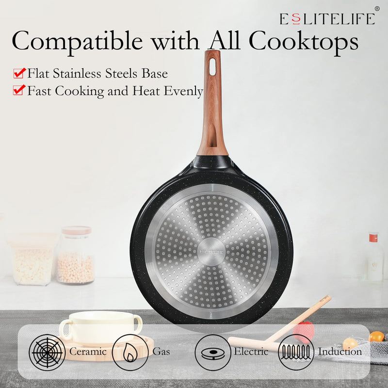 ESLITE LIFE 9.5 Inch Crepe Pan with Spreader, Nonstick Granite Coating Dosa Pan, Roti Tawa Comal Para Tortillas Pancake Griddle Pan, Induction Compatible, PTFE & PFOA Free, Black 9.5" w/spreader