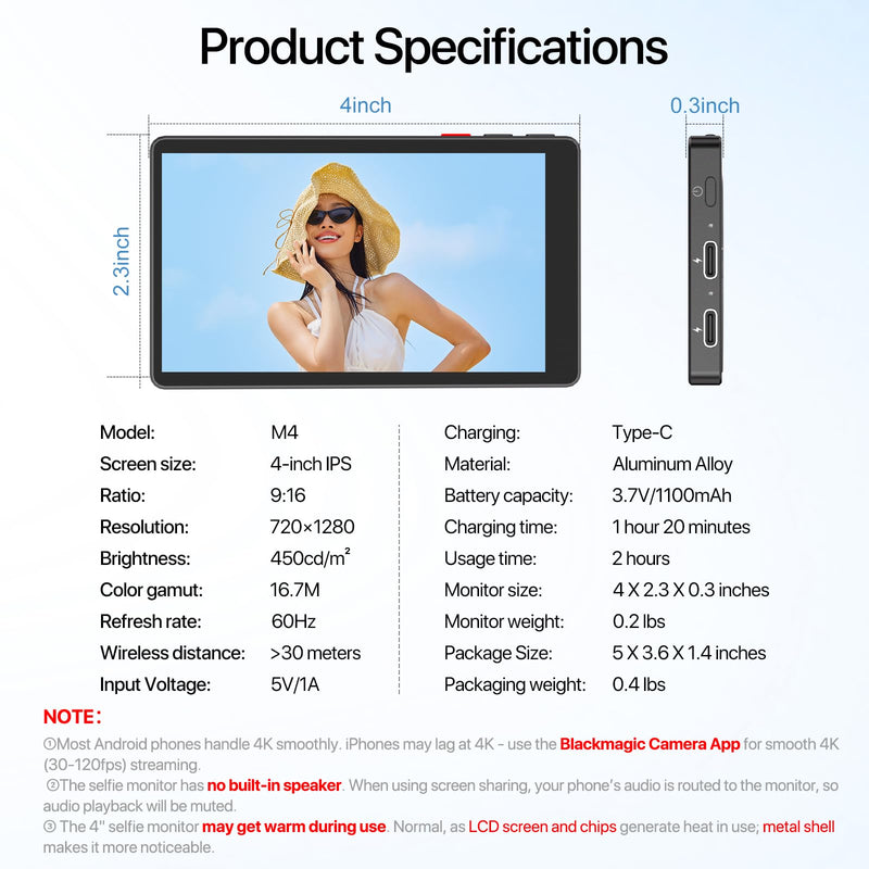 4" Magnetic Phone Vlog Selfie Monitor Screen, 1080P Wireless Recording, Phone Selfie Monitor Screen Back Camera Monitor for Selfie Vlog Live Stream TikTok,Compatible with iPhone, Android