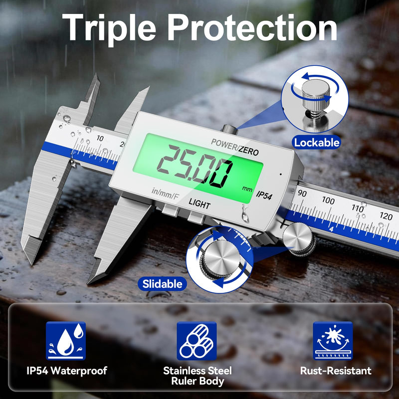 Preciva Backlight Digital Caliper, 6 Inch Rechargeable Electronic Micrometer with IP54 Waterproof and Large LCD Screen Conversions for in/MM/F Precision Measuring Tool for DIY/Professional Use