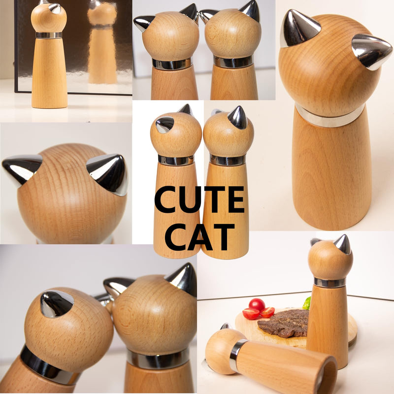 Manual Pepper Mill & Salt Grinder - Wood Adjustable Refillable Pepper Mill with Cat Design,Cute Kitchen Gift with Handle (7.6" Height)