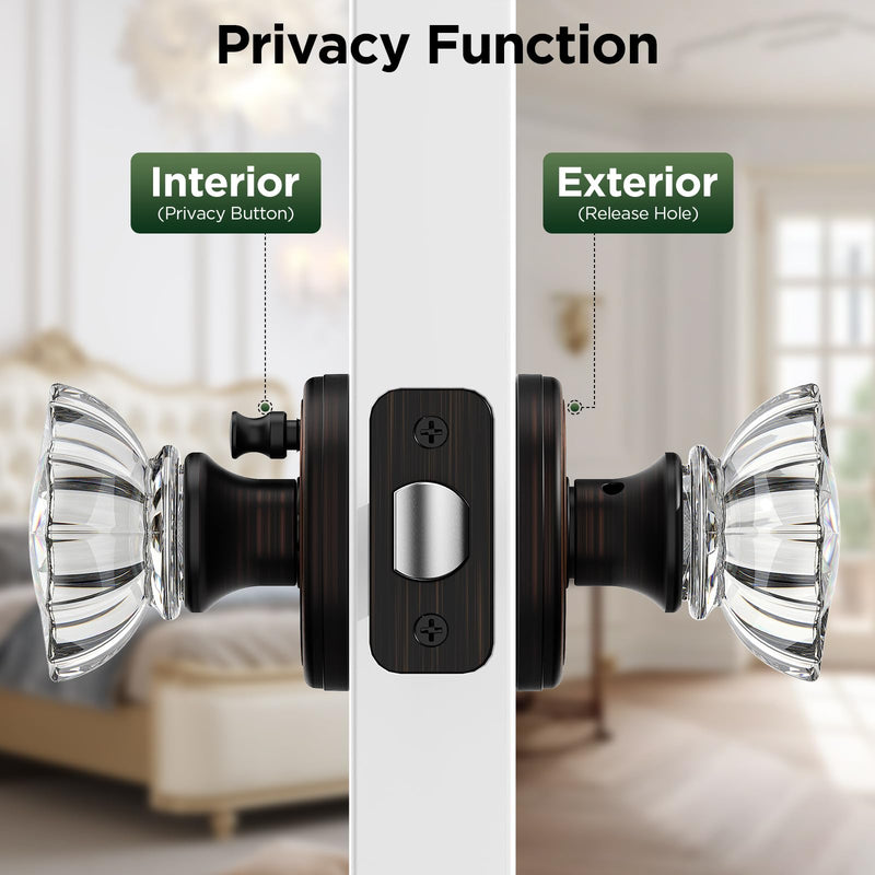 1 Pack Crystal Door Knob, Rosette Shaped Glass Door Knobs Interior with Lock, Oil Rubbed Bronze Door Knobs Interior Glass 1