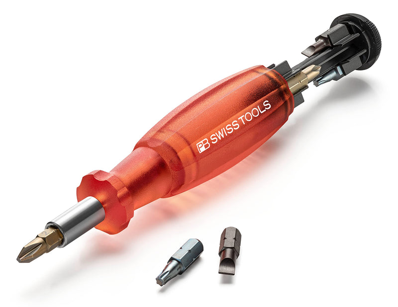 PB Swiss Tools Screwdriver Bit Holder PB 6464.Red | 100% Swiss Made | Screwdriver Mutlitool with Bits in the Handle, including Slot Size 2/3/4, PH1/PH2, T10/T15/T20