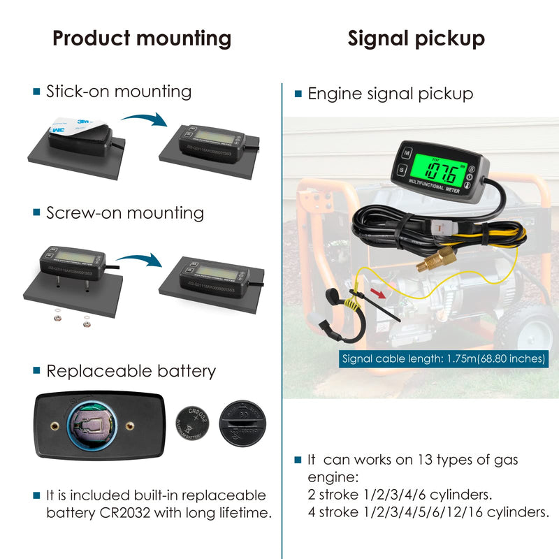 Runleader Digital Oil Water Temperature Gauge,Real-time RPM Display,Alert Temperature&RPM,Working Hours Tracking for Lawn Mower Generator Dirtbike Paramotor Outboard Motor Scooter Compressor.