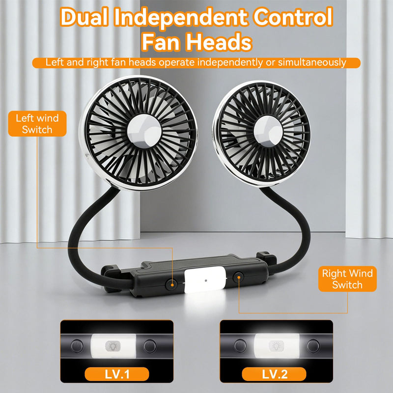 Car Fans for Backseat for Kids Baby Back Seat Carseat Headrest Rear Facing | 360° Flexible Hose 3-Speed USB Powered Dual Head Cooling Fan with Dual-Level LED Light for No AC Passengers (No Battery)