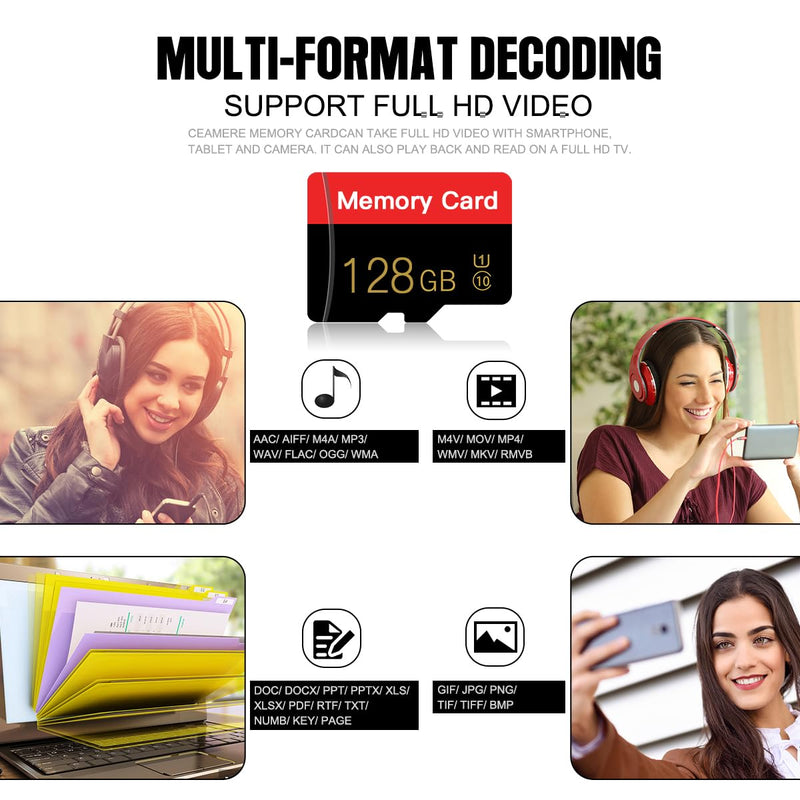 2 Pack Micro Memory Card 128 GB with Adapter, C10/UHS-I/A1, TransFlash Card, TF Card for Camera, Smartphone, Tablet, Drone (Red 128GB*2-S1)