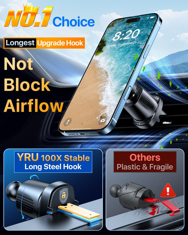YRU [2025 Military-Grade] for Magsafe Car Mount [90+LBS Strong Suction] 360° Adjustable Magnetic Phone Holder for Car Dashboard Windshield Vent, Cradle for iPhone 17 16 15 14 13 12 Samsung, Black