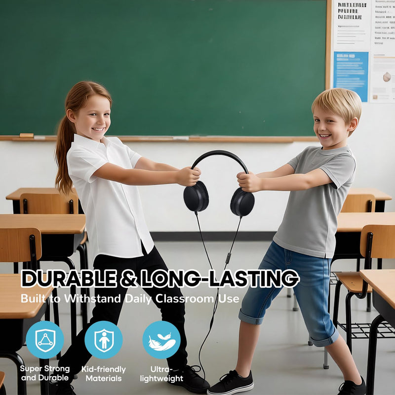 Kids Headphones Bulk 5 Pack with Microphone for School Classroom Students, Durable Wired On-Ear 3.5mm Jack Headset for Chromebook Tablets Computer Travel (HY30, 5Black) Black