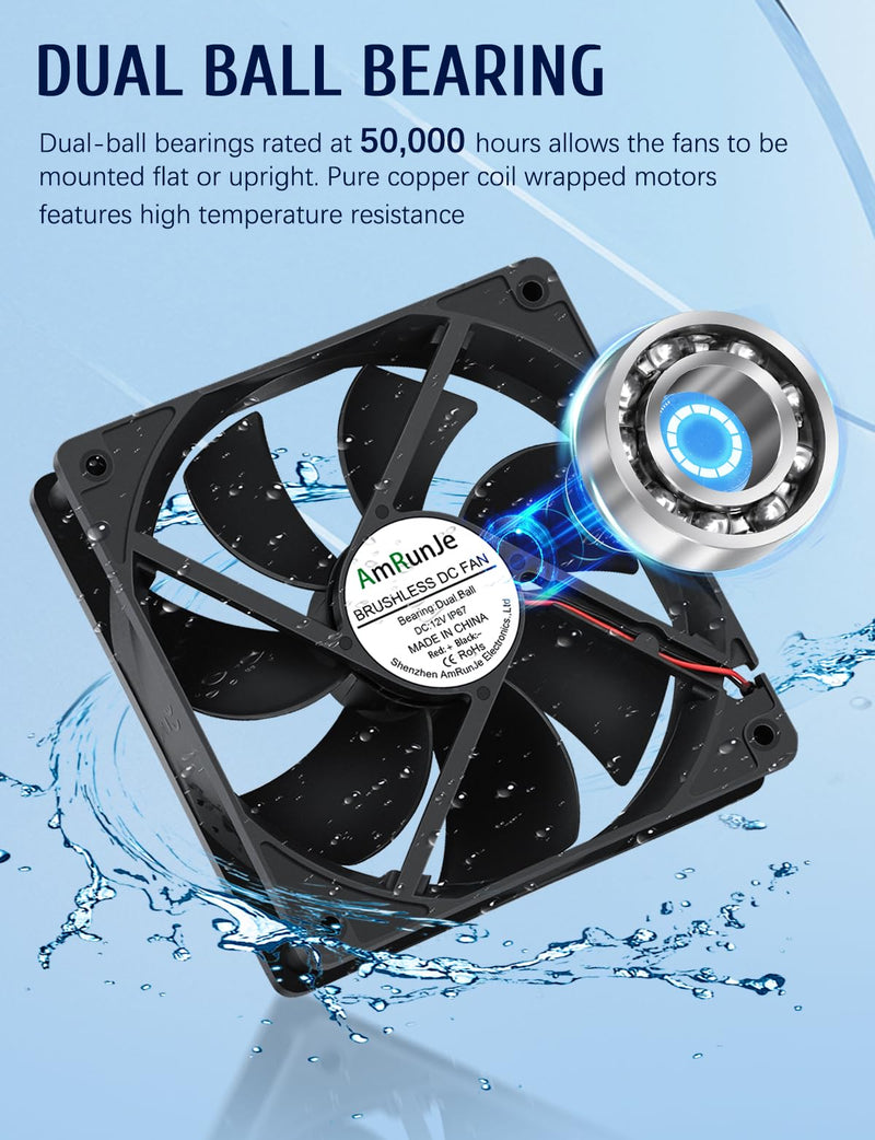 120mm Waterproof Fan with Speed Controller IP67 DC 4v-12v | 110v 120v Small Cooling Fan Dual Ball Bearing for rv Fridge Freezer Grow Tent Biltong Box Server Cabinet Aquarium