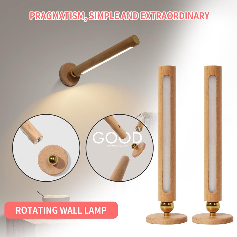 360° Rotatable Wooden Led Wall Lamp Magnetic USB Rechargeable Wall Sconces Battery Operated Led Night Light for Household (Beech Wood) Beech Wood 2PCS
