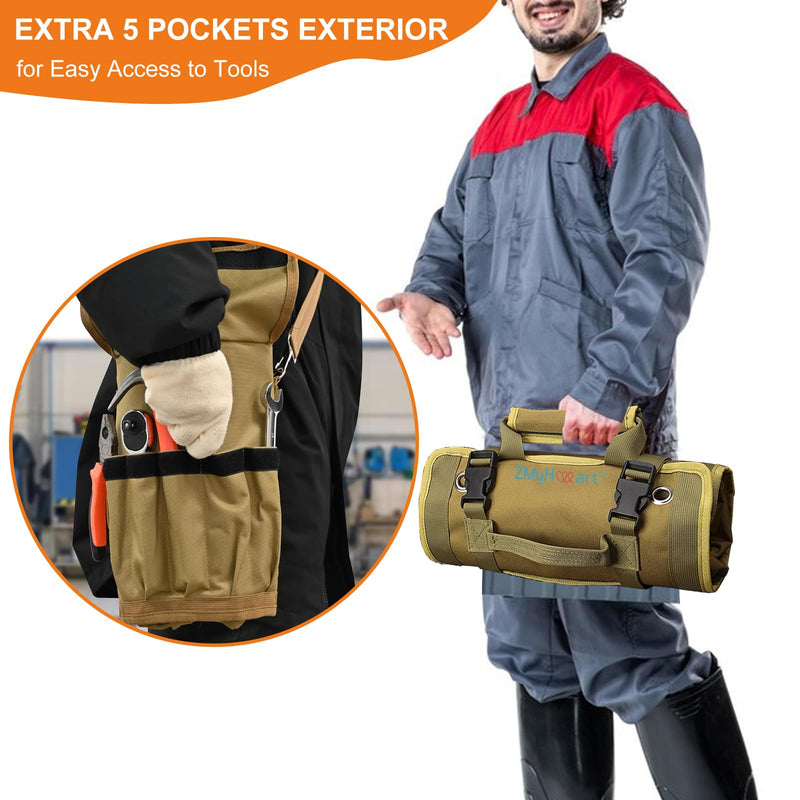 Tool Roll Up Bag, ZMyHeart Tool Organizer Bag,Tools Storage Box,11 Pouches,Grease Resistance,Tools Carrier Bag for Electrician,Mechanic,Plumber,Carpenter,Craftsman,Hobbyist,Gift for Men (Khaki) Khaki
