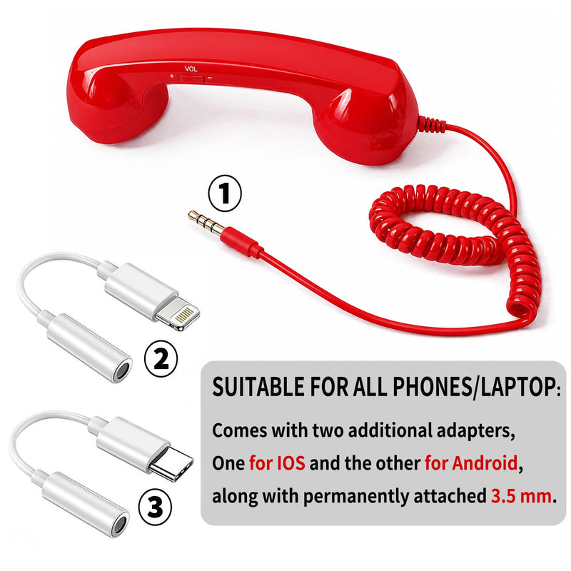 Glossy Retro Headset for iPhone, Type c Retro Cell Phone Handset, Plug in Handheld Cell Phone Receiver, Suitable for Cell Mobile Video Conferences, Calls, Meetings (Red) Red (Glossy)