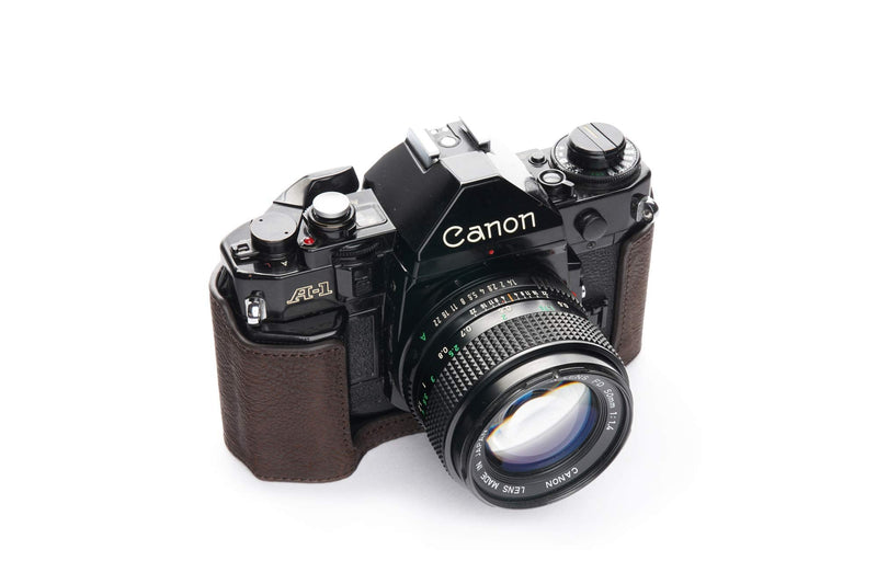 A-1 Case, BolinUS Handmade Genuine Real Leather Half Camera Case Bag Cover for Canon New AE-1 AE-1P A-1 (with Handle) Camera with Hand Strap (Coffee) Coffee
