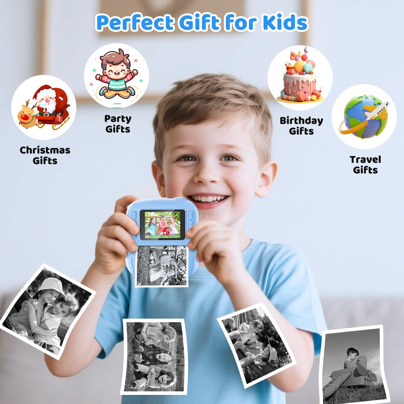 Instant Print Camera for Kids,Christmas Birthday Gifts for 3 4 5 6 7 8 9 10 11 12 Year Old Boys Girls,Toddler Digital Video Camcorder Cameras, Best 1080P HD Selfie Toy with 32GB SD Card Blue