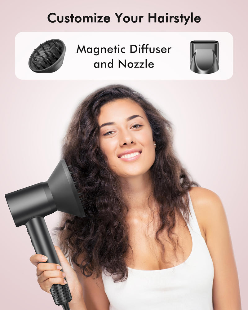 OIMYE Hair Dryer, 160000RPM High Speed Ionic Hairdryer, Fast Drying, 500 Million Negative Ions, Smart Heat Control, Quiet, No Heat Damage, Anti-Frizz, Lightweight Blow Dryer with Diffuser & Nozzle Black