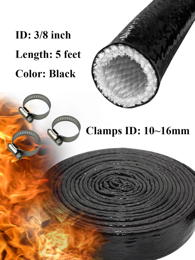 YAMAKATO 3/8" ID Heat Shielded Fire Thermo Armor Fire Sleeve Silicone Coated Fiberglass Heat Protection w/ 3 Clamps for Automotive Hose Lines & Electrical Wiring (Black, 5FT 3/8" ID x 5FT