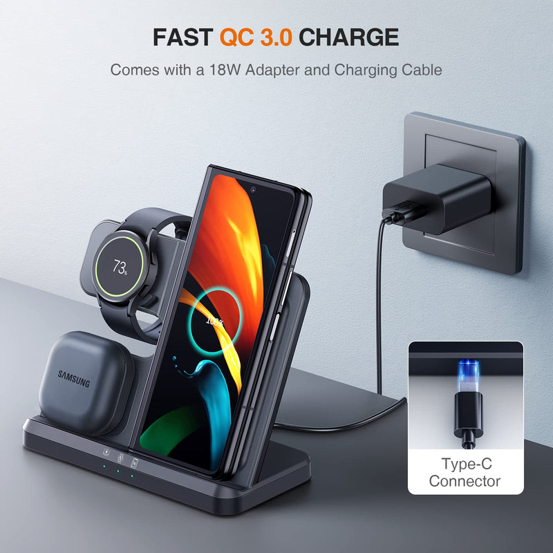 LK Samsung Wireless Charger 3 in 1 Samsung Charging Station Galaxy Watch Charger Compatible for Samsung S24 Ultra Plus S23 S22 S21 S20 Z Flip 5/4/3 Fold 5, Galaxy Watch 6 Classic/5 Pro/4/3 Galaxy Buds Black