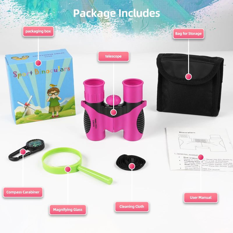 Portable Kids Binoculars 8x21 - Compact Shockproof Real Binoculars for Kids | Great for Bird Watching, Camping, Hiking | Educational Birthday Gift for Boys & Girls Aged 3-12 | Incl. Compass & Carabiner Rose-Pink