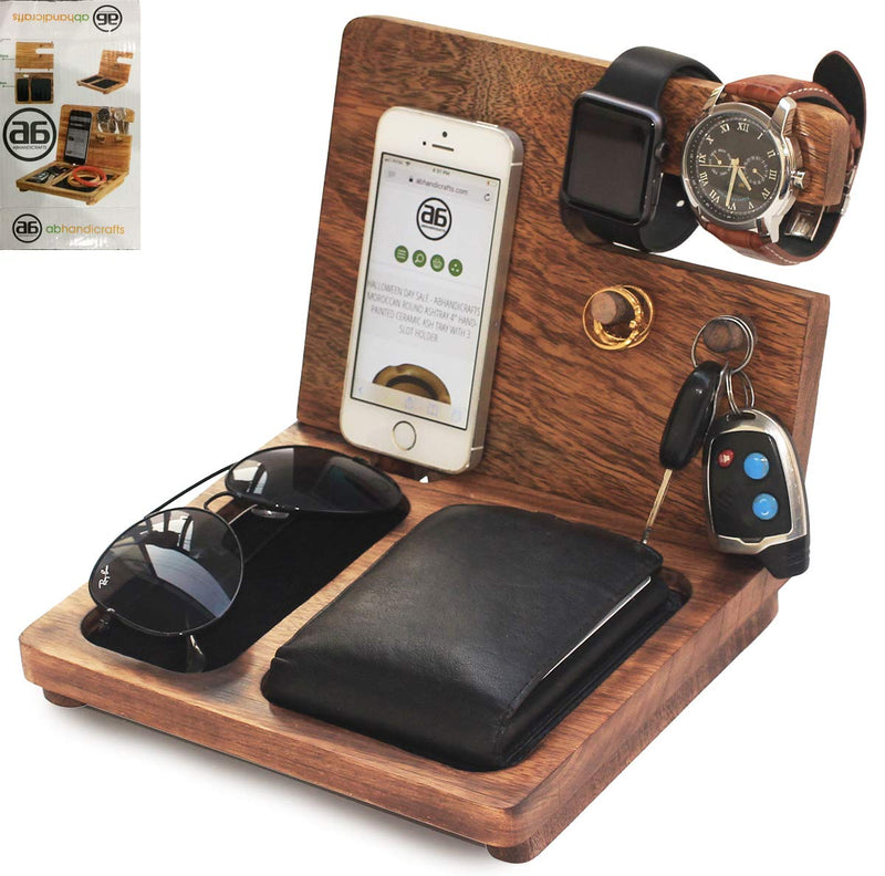 AB Handicrfafts Wooden Docking Station, Nightstand Organizer Wallet, Watch Stand Key Holder for Mom Gifts for DAD, Husband, Compatible with iPhone