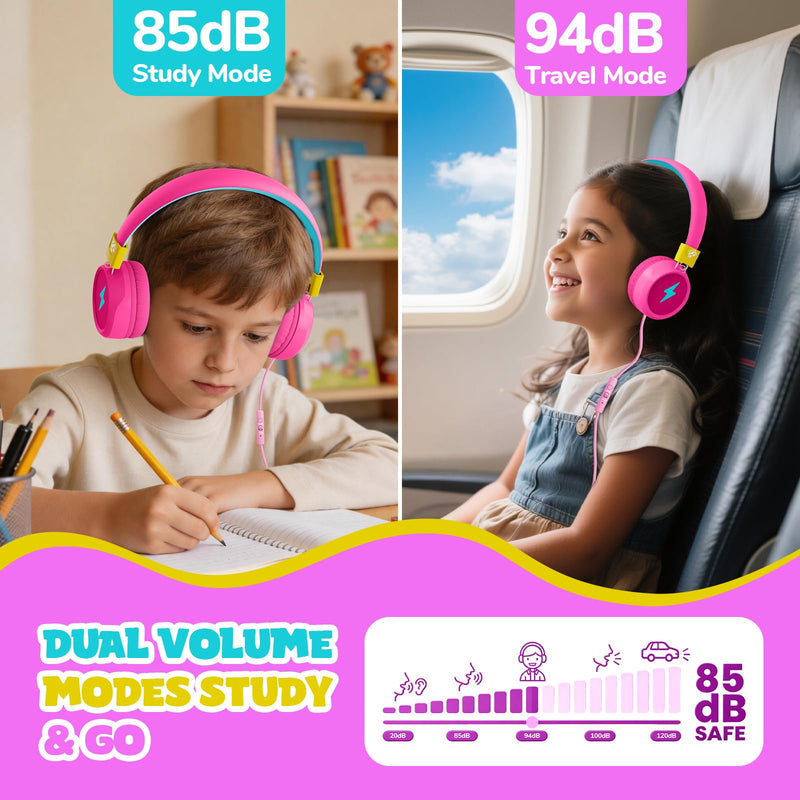 Owliwise Kids Headphones for School and Travel, Safe 85/94dB Volume Limiter, HD Microphone, Stereo Sound, Over-Ear Foldable Wired Headphones, 3.5mm Jack for iPad Cord, Chromebook, Boys Girls Pink
