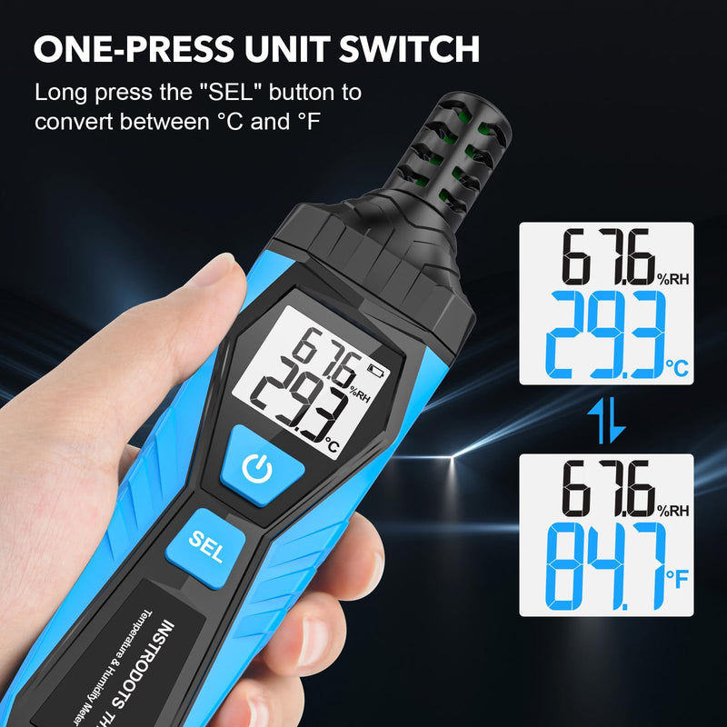 Temperature Humidity Meter - Handheld Thermometer Hygrometer with Ambient, Dew Point, Wet Bulb, High Precision Wet Bulb Thermometer, Dual Display Temperature & Humidity with LCD Backlight Blue TH10