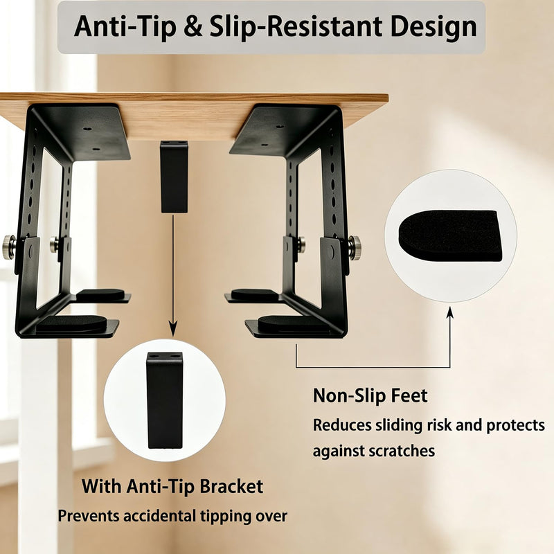 8-Level Height Adjustable Metal Under Desk Mini PC Mount Bracket | 1.8" to 3.9" height adjustable, with two different interchangeable lower components, Side Port Design, Space-Saving