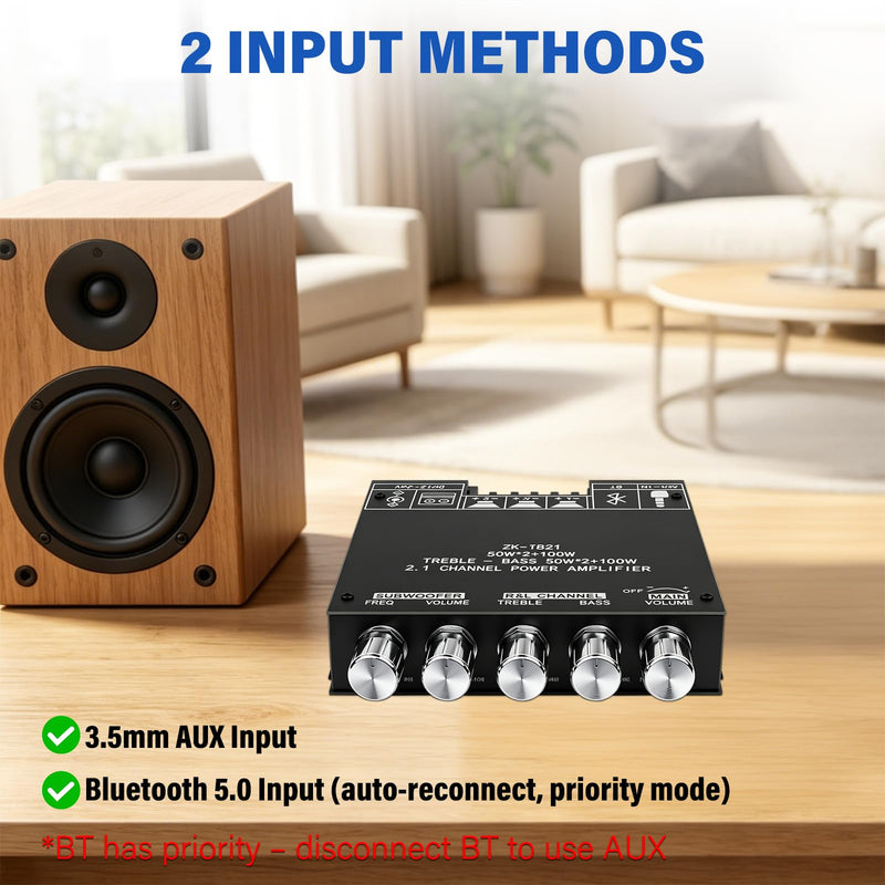 ZK-TB21 2.1 Channel Bluetooth Amplifier Board – 50W×2 + 100W Subwoofer, APP Control, Treble/Bass & Subwoofer Freq Adjustment, TPA3116D2, DC 12-24V, BT 5.0/AUX for DIY Home Speakers 50w*2+100w AMP