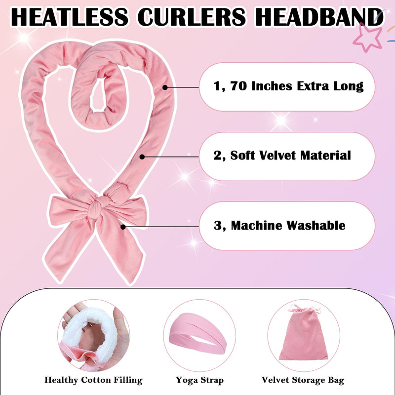 Heatless Curlers Headband Hair Curlers No Heat, Heatless Curls Hair Curler Rollers for Women, 70" Soft Overnight Curls Headband for Sleeping, 9 Pcs Heatless Curling Gift Set Pink