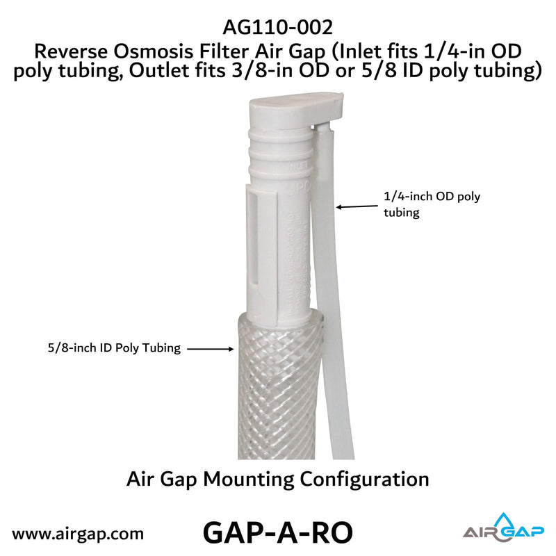 Reverse Osmosis Filter Air Gap (Inlet fits 1/4-in OD poly tubing, Outlet fits 3/8-in OD or 5/8-in ID poly tubing; AG110-002, KIT S-B, GAP-A-RO)