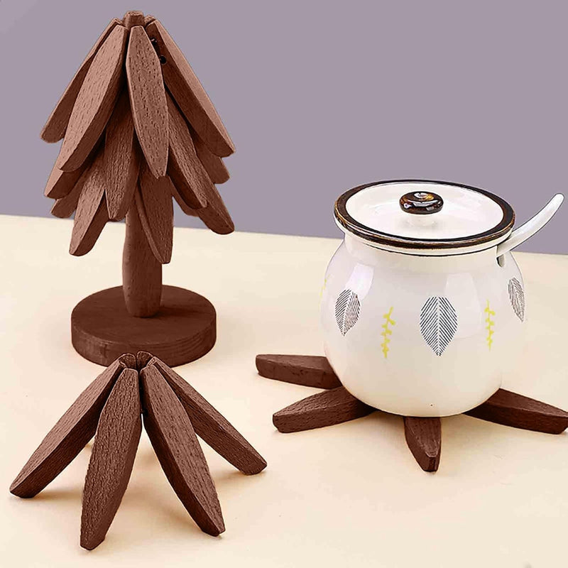 Wooden Cup Coaster Set，Tree Shape Trivet Set,Tree Coasters- 4 Wooden Trivets + 1 Stand stored for hot Dish/Pot/Bowl/teapot/hot Pot Set Brown