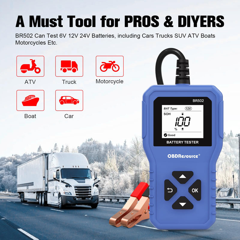 Car Battery Tester 6V 12V 24V Battery Voltage Tester, BR502 100-2000 CCA 2Ah-220Ah Internal Resistance Tester Automotive Accurate Digital Auto Battery Analyzer for Car Truck Marine Motorcycle SUV Boat Blue
