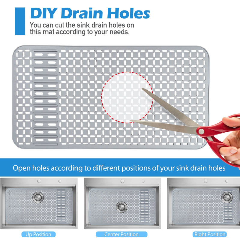 Silicone Sink Mat 26''x14'' Kitchen Sink Protector Mat With DIY Drain Hole, Grey Farmhouse Silicone Sink Mat Protector 1pcs Kitchen Sinks Accessories 26"