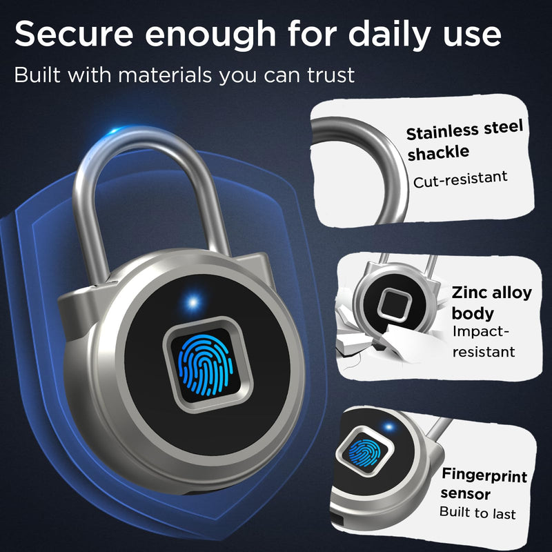 Fingerprint Lock, Dhiedas Gym Lock, Bluetooth Lock, Small Fingerprint Padlock with Keyless, Weatherproof Smart Lock for Gym Locker School Suitcase Cabinet Luggage Storage and Fence Silver 1'' shackle