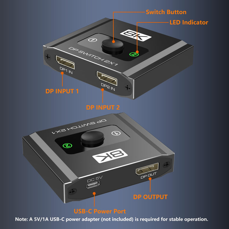 DisplayPort Switch 2 in 1 Out, 8K@60Hz DP 1.4 Switcher Selector Box, Unidirectional Display Port Switcher for Dual PCs & Gaming Consoles, 4K@144Hz DP Switch with DSC Support (DP Cables Not Included)