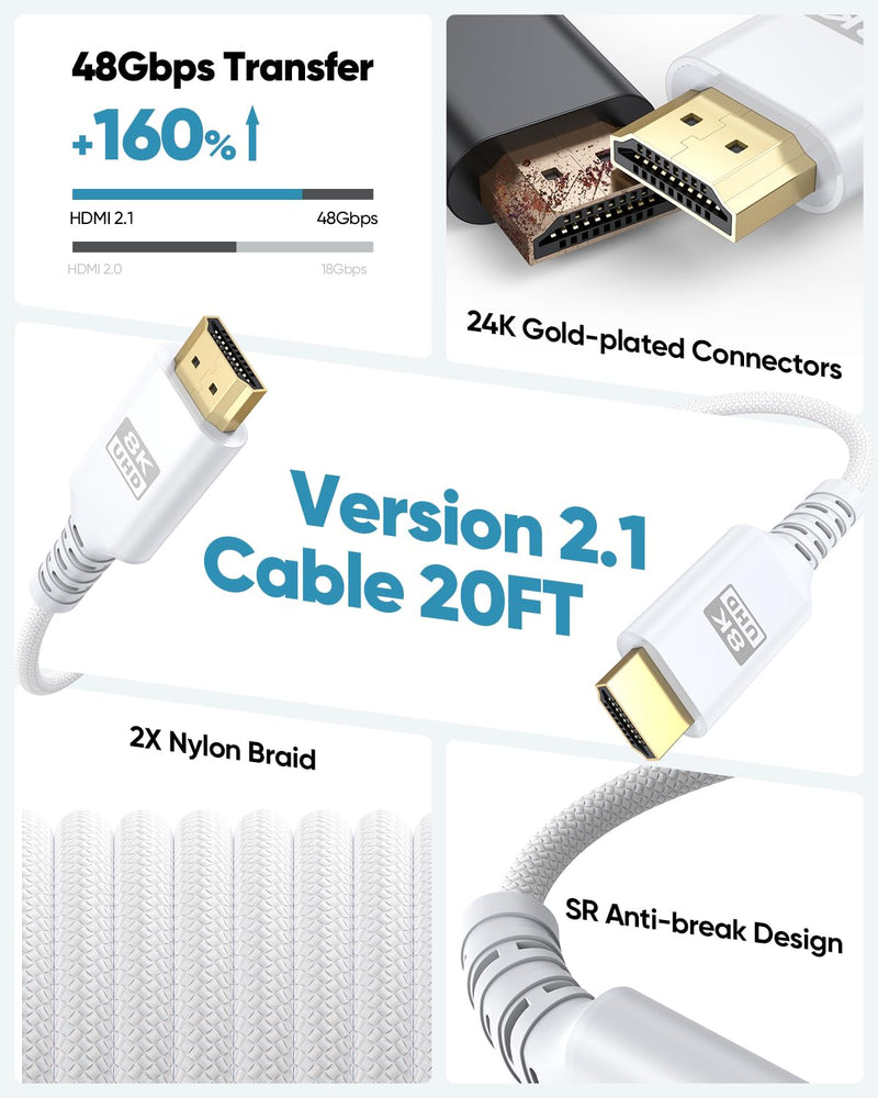 8K White HDMI Cable 20 FT, HDMI 2.1 Cable 20FT Ultra High Speed eARC Braided Long HDMI Cord with 8K@60Hz, 4K@120Hz, HDR10+, Dolby, 3D, HDCP2.3 for Laptop/Monitor/HDTV/Soundbar/Blu-ray/PS5/Xbox 1