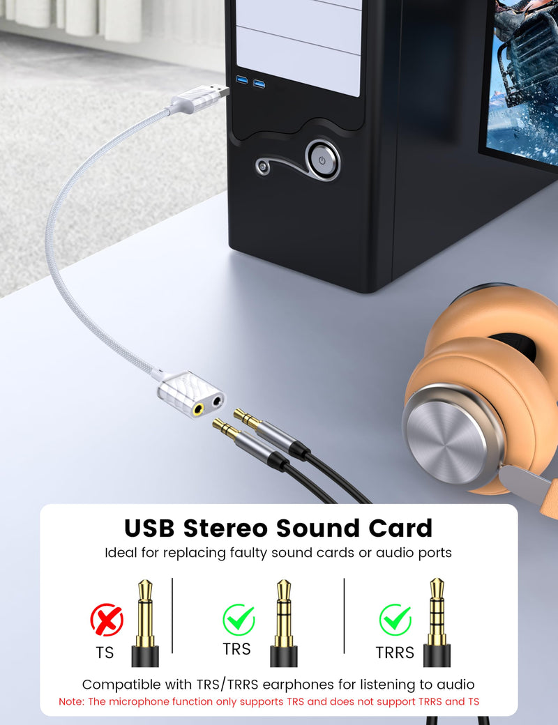 MOSWAG USB to 3.5mm Audio Adapter, External Stereo Sound Card with Dual TRS 3-Pole 3.5mm Headphone and Microphone Jack Adapter for PS4/PS5/PC/Laptop, Built-in Chip Mic-Supported Headphone Adapter 1 Pack white