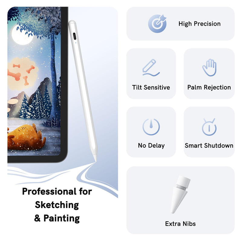 Stylus Pen for iPad 2018-2024 - NTHJOYS for Apple iPad Pencil with Palm Rejection, Magnetic, Tilt Sensitivity, Work for iPad Pro 11"/12.9", iPad Mini 5/6, iPad Air 3/4/5, iPad 6/7/8/9/10 White