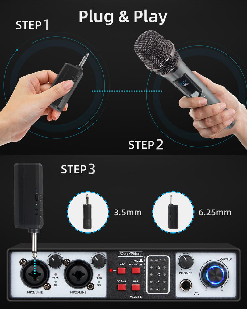 Wireless Microphone Set for Singing, Speech & Events, 2.4GHz Dual Cordless Mics with Rechargeable Receiver, 200ft Range, Metal Mic 2-Pack for Karaoke, Party, PA Systems（Black） Black
