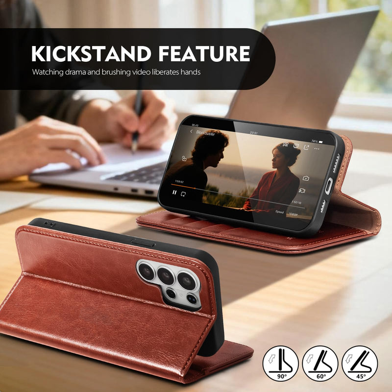 Compatible with Samsung Galaxy S25 Ultra Case Wallet with Card Holder [4 Card Slots] Kickstand [RFID Blocking] PU Leather Phone Case Flip Folio Protective Cover TPU Shockproof,Brown Brown