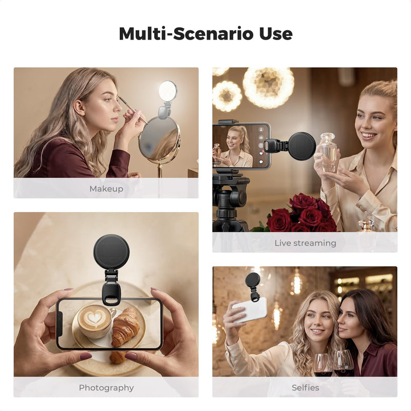 K&F CONCEPT LEDs Selfie Light, 3 Interface Modes, Rechargeable Phone Light | Ra95 CRI, 3-in-1 Mounts, 9 Light Modes, 600mAh Battery, 33g Pocket Size, Black, C7