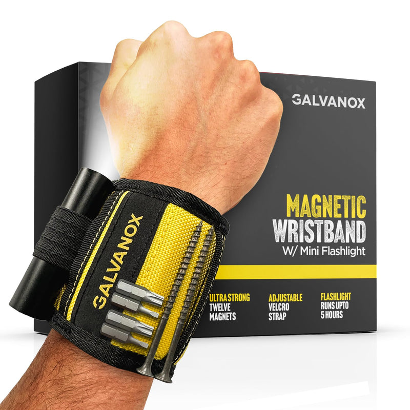 Galvanox Magnetic Wristband with Hands-Free Work Light (3-Mode) for Holding Screws Nails and Drill Bits, Durable Nylon with Powerful Magnets - Tool Gift for Men, Dad, Husband, Handyman (Yellow) Yellow